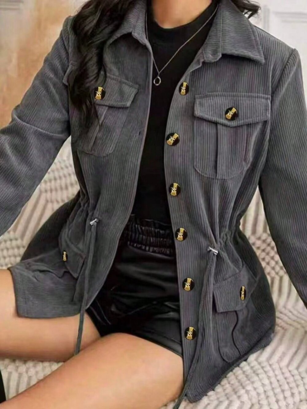 Grey Casual Women's Corduroy Shacket with Drawstring Waist and Button-Up Collar - Picture 3 of 4